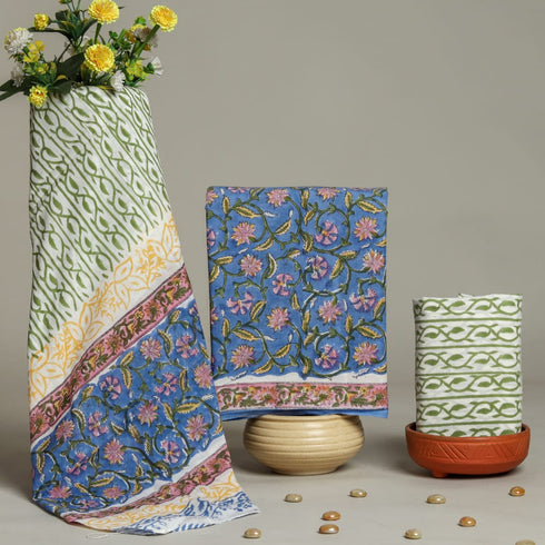 Designer Hand Block Print Cotton Suit Set with Mulmul Dupatta (PRMUL55)